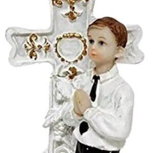 Communion Praying Boy with Cross Keepsake Gift or Cake Topper